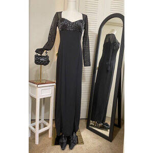 JS Boutique Dress Gown Black Beaded, Mesh Sleeves, W/Small Beaded Train- Size 8